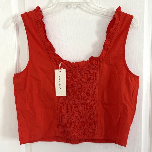 Sim & Sam Corset Crop Tank Top Smocked Back Ruffle Neck Sleeveless Red Size XL - Picture 3 of 7